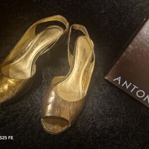 ANTONIO MELANI Metallic Gold Peep-Toe Slingback Mules